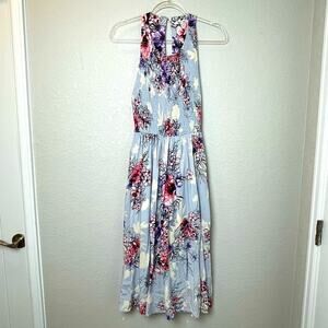 BLEUH CIEL Blue Floral Midi Dress with Smocking on Chest Size S